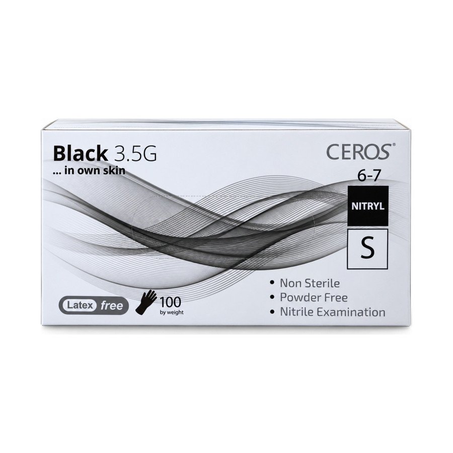 Нітрилові рукавички CEROS Black 3.5G, розмір S, чорні, 100 шт, без пудри
