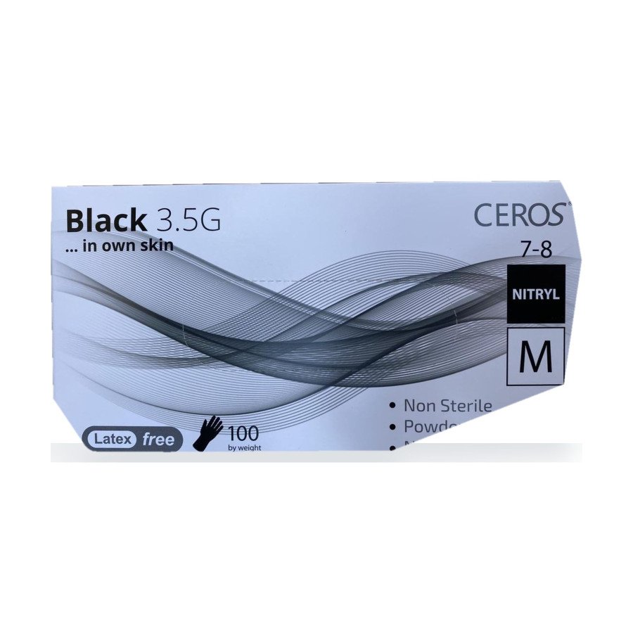 Нітрилові рукавички CEROS Black 3.5G, розмір M, чорні, 100 шт, без пудри