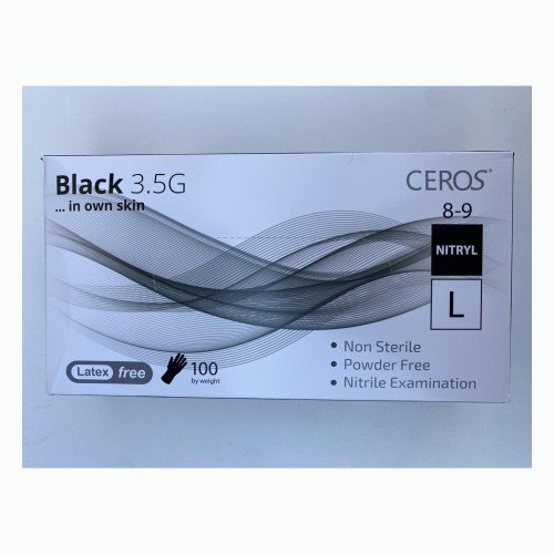 Нітрилові рукавички CEROS Black 3.5G, розмір L, чорні, 100 шт, без пудри Нітрилові рукавички CEROS Black 3.5G, розмір L, чорні, 100 шт, без пудри