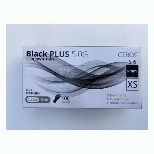 Нітрилові рукавички CEROS Black 5.0G, розмір XS, чорні, 100 шт, без пудри