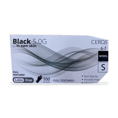Нітрилові рукавички CEROS Black 5.0G, розмір S, чорні, 100 шт, без пудри