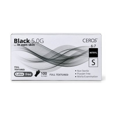 Нітрилові рукавички CEROS Black 5.0G, розмір S, чорні, 100 шт, без пудри