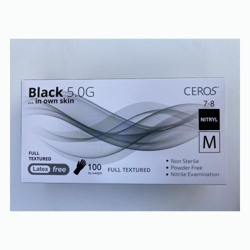 Нітрилові рукавички CEROS Black 5.0G, розмір M, чорні, 100 шт, без пудри