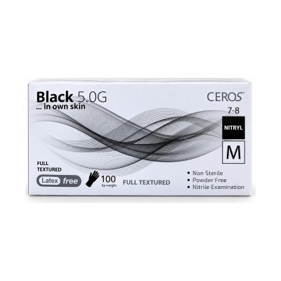 Нітрилові рукавички CEROS Black 5.0G, розмір M, чорні, 100 шт, без пудри