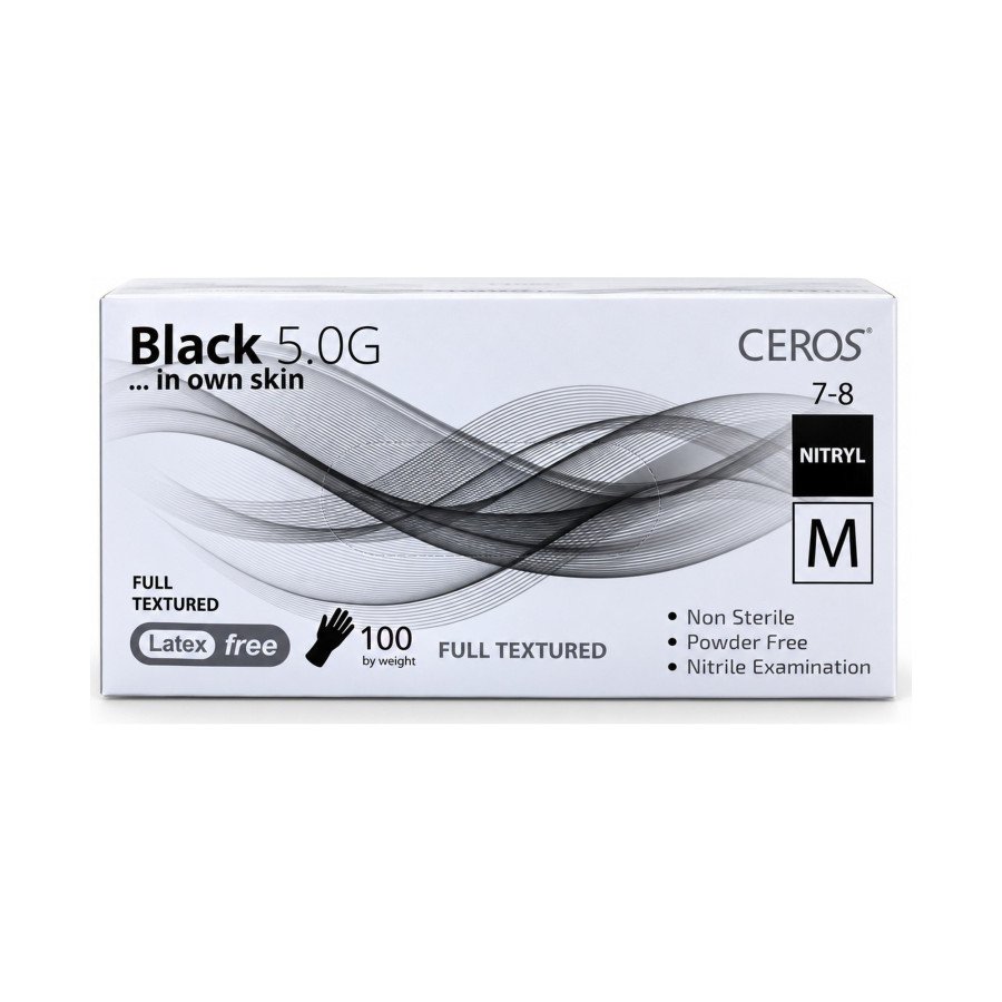 Нітрилові рукавички CEROS Black 5.0G, розмір M, чорні, 100 шт, без пудри