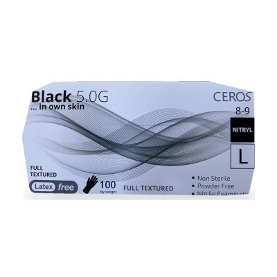 Нітрилові рукавички CEROS Black 5.0G, розмір L, чорні, 100 шт, без пудри