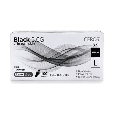 Нітрилові рукавички CEROS Black 5.0G, розмір L, чорні, 100 шт, без пудри