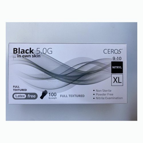Нітрилові рукавички CEROS Black 5.0G, розмір XL, чорні, 100 шт, без пудри