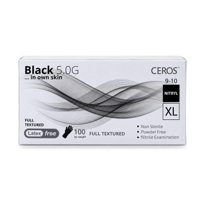 Нітрилові рукавички CEROS Black 5.0G, розмір XL, чорні, 100 шт, без пудри