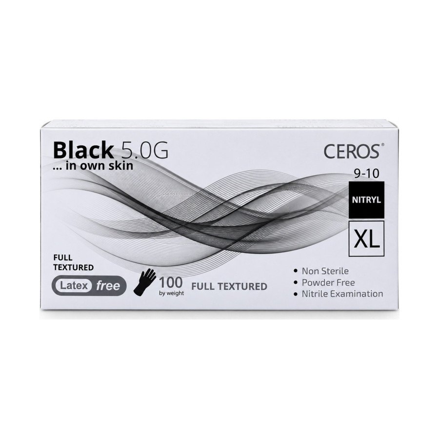 Нітрилові рукавички CEROS Black 5.0G, розмір XL, чорні, 100 шт, без пудри