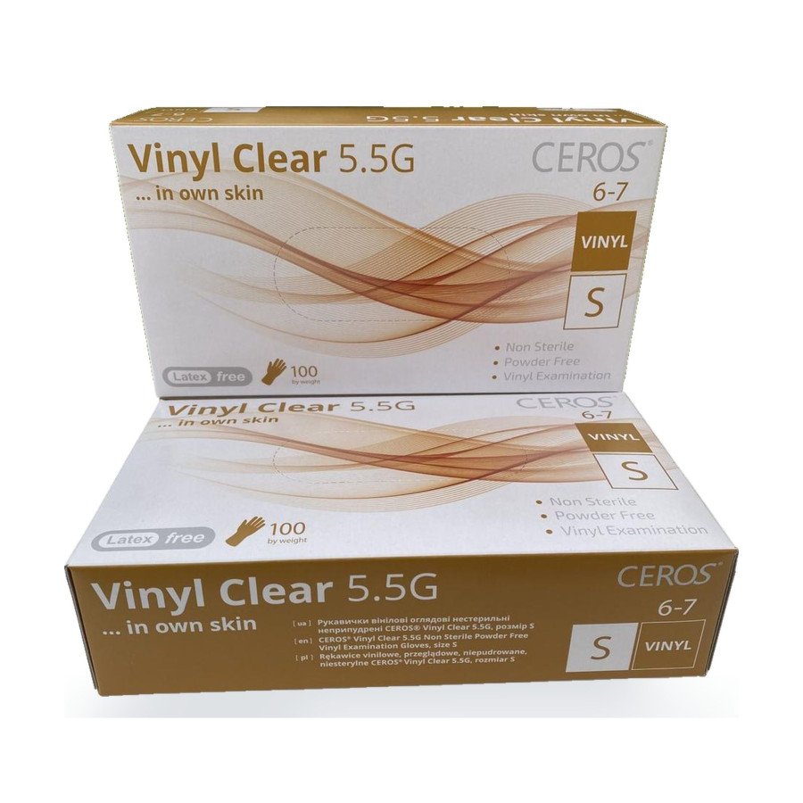 Вінілові рукавички CEROS Vinyl Clear 5.5G, розмір S, прозорі, 100 шт, без пудри