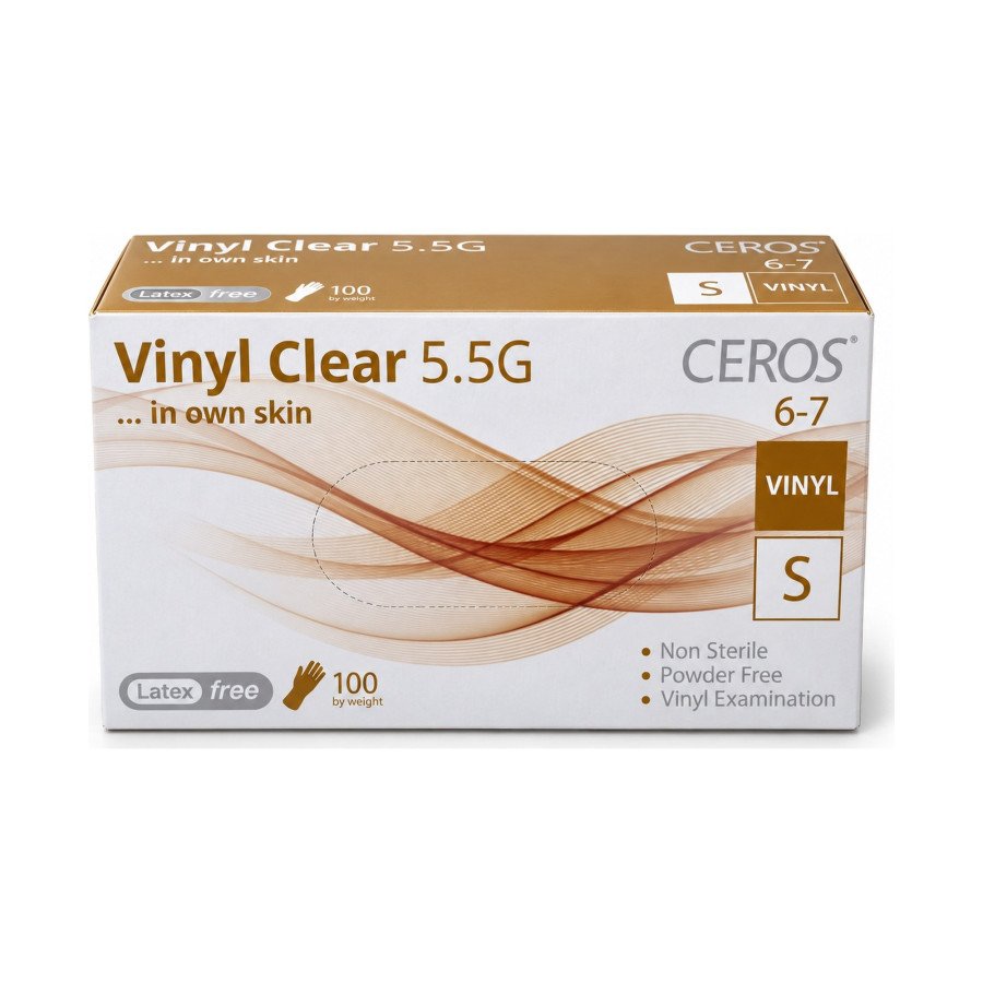 Вінілові рукавички CEROS Vinyl Clear 5.5G, розмір S, прозорі, 100 шт, без пудри