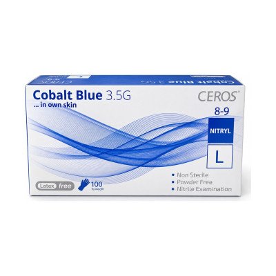 Нітрилові рукавички CEROS Cobalt Blue 3.5G, розмір L, блакитні, 100 шт, без пудри