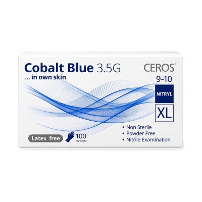 Нітрилові рукавички CEROS Cobalt Blue 3.5G, розмір XL, блакитні, 100 шт, без пудри