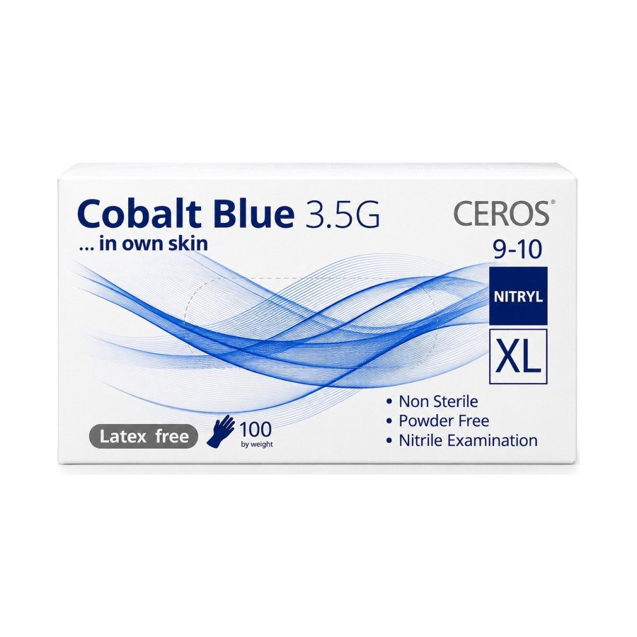 Нітрилові рукавички CEROS Cobalt Blue 3.5G, розмір XL, блакитні, 100 шт, без пудри