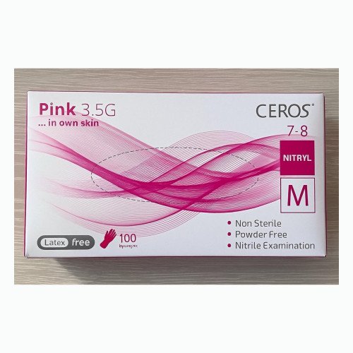 Нітрилові рукавички CEROS Pink 3.5G, розмір M, рожеві, 100 шт, без пудри
